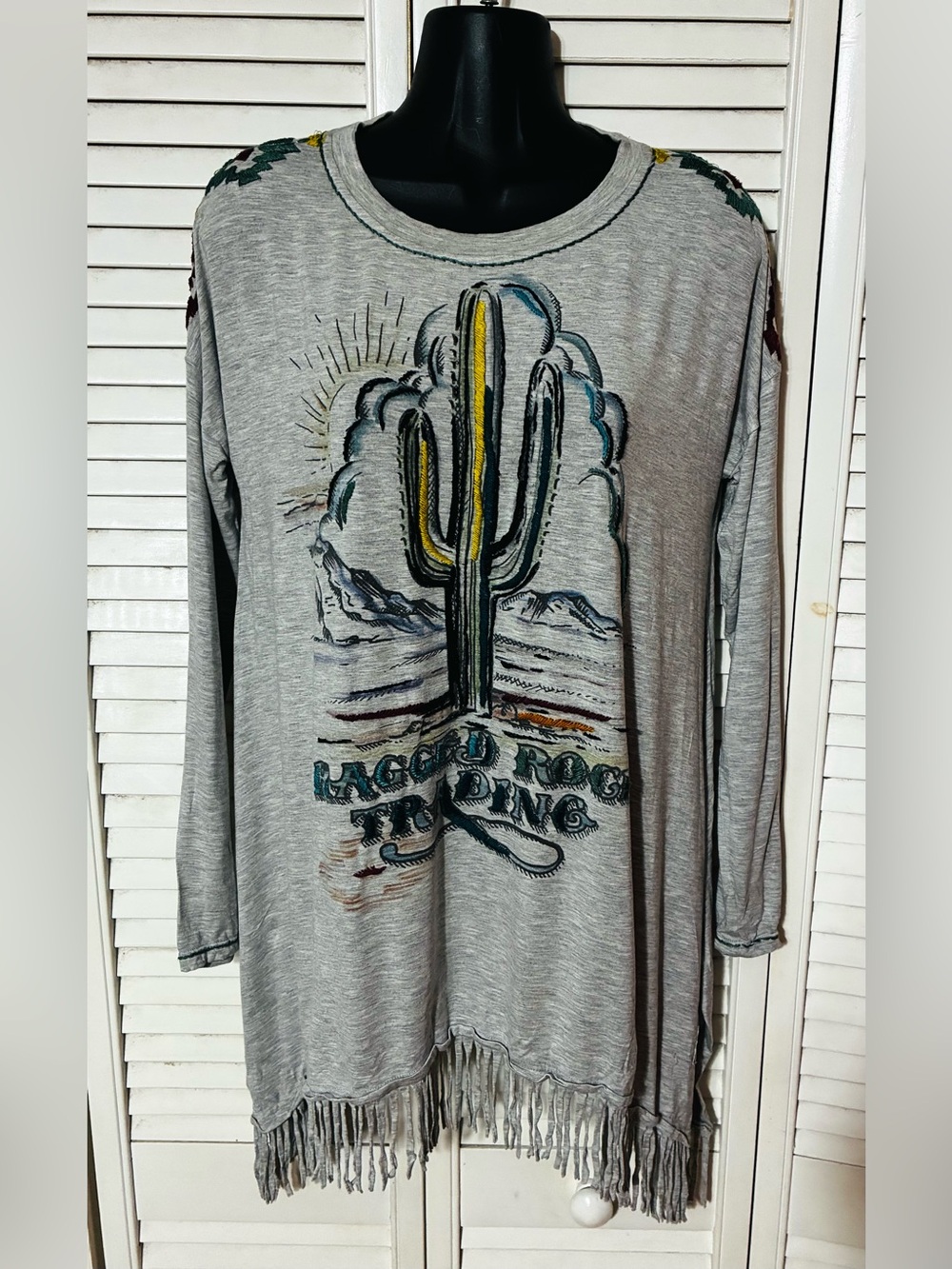 Double D ranchwear Gray Cactus Fringe Tunic